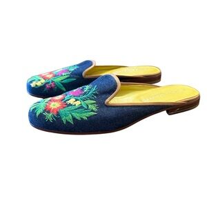Stubbs & Wooten Emrodiery Vibrant Floral Denim Mules Slip On 7.5